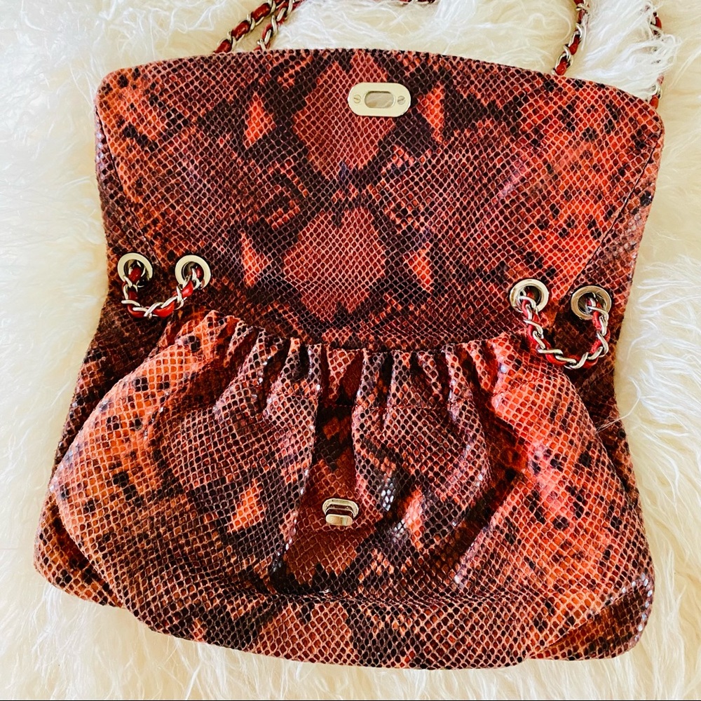 Elie Tahari Python Embossed Leather Shoulder Bag with Silver Chain Straps NWOT